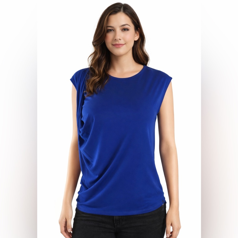 Ivanka Trump Women Cobalt Blue Sleeveless Drape Top Asymmetrical Shoulder Blouse